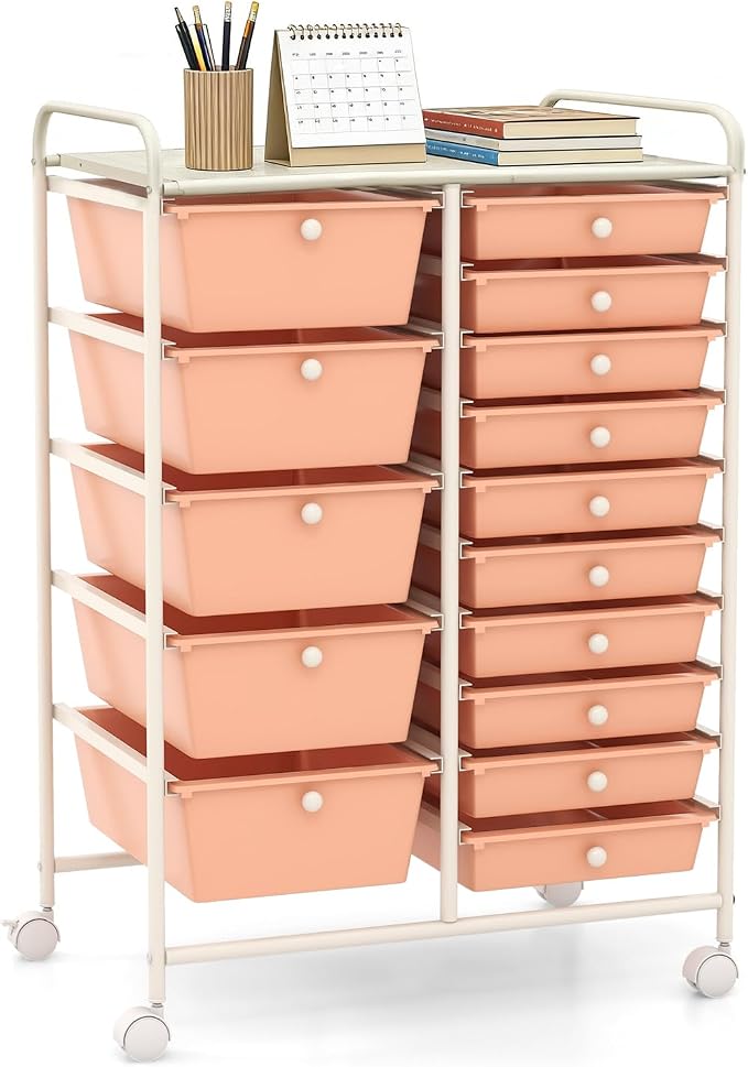 LUARANE Rolling Cart with 15 Drawers, Craft Storage Cart with Portable Handles & Lockable Wheels, Mobile Toys Organizer, Large Capacity Utility Drawer Cart Home Office School Teacher (Peach)