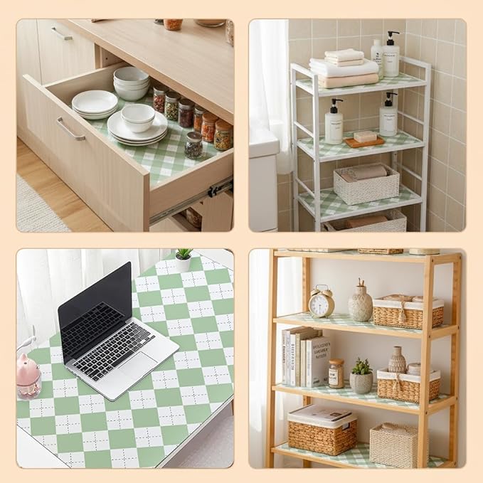 Coavas Shelf and Drawer Liner, Non Slip Extra Grip Non Adhesive Waterproof Thickened Cabinet Mat, Easy Cut for Kitchen Pantry Bathroom Dresser Cupboard (Green Rhombic, 12IN x 10FT)