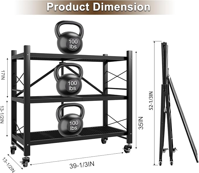 Folding Shelves with Wheels No Assembly, 3-Tier Foldable Metal Shelf Storage Rack for Kitchen, Garage, Vendor Display Events, 39" Lx13 Wx35 H