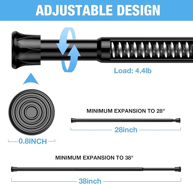 6 Pack Spring Tension Curtain Rods 27-38 Inches,5/8" Diameter Black Spring Load Adjustable Expandable,Small Short Tension Curtain Rod for Windows,Kitchen,Doorway,Bathroom,Cupboard Bars