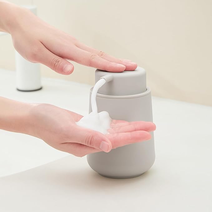 YAUKPH Matte Beige Foaming Hand Soap Dispenser Plastic 11 oz - Modern Minimalist Style for Bathroom & Kitchen Countertop Refillable