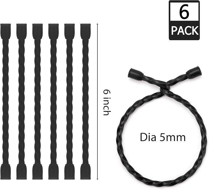 6 PCS 6-Inch Silicone Cable Ties Dia 5mm Reusable Steel-Core Rubber Twist Ties Bendable Cable Ties for Bundling and Holding, All Purpose Cord Tie for Indoor and Outdoor (Black)