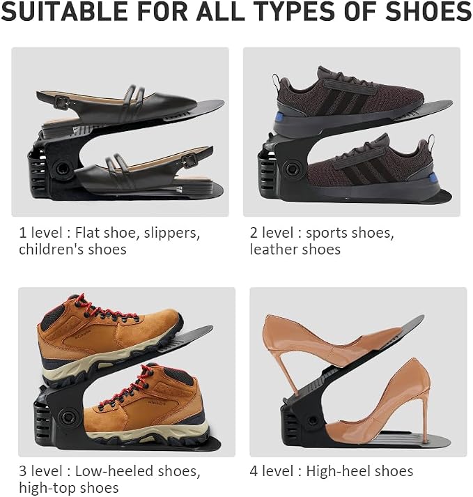 NVGSN Shoe Slots Organizer 12 Pack - Stackers for 24 Shoes, Space Saving 50%, 4 Levels Adjustable, Black