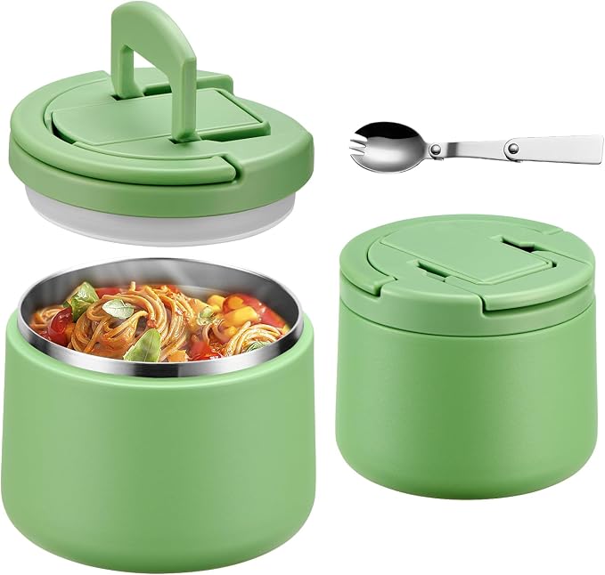 14oz Insulated Vacuum Food Jar with Buckle Lid,Soup Thermo for Hot Food Kids,Wide Mouth Leakproof Stainless Steel Lunch Container with Spoon-Green
