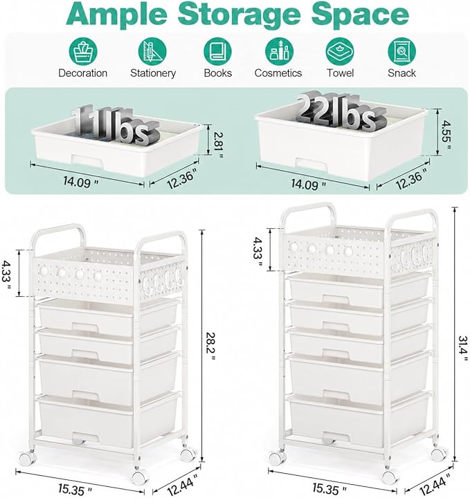 4 Drawer Rolling Storage Cart with Pegboard Top and Hooks, Mobile Organizer Cart with Wheels for Office Supplies, Craft Storage, Classroom Organization, Home Utility Cart, White