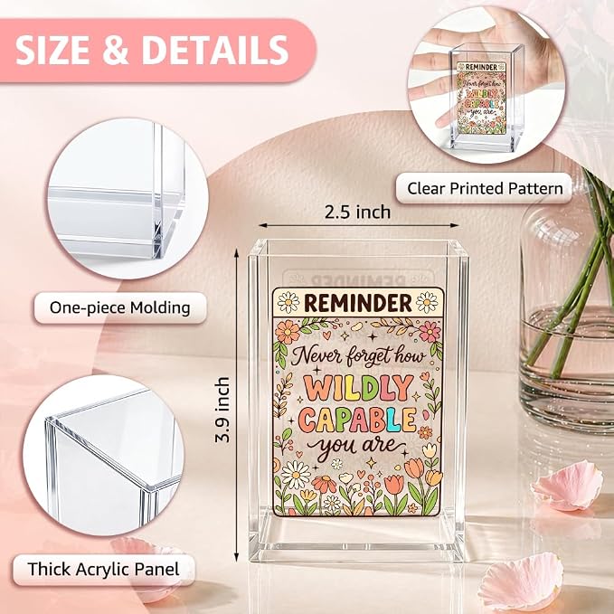 Reminder Never Forget How Wildly Capable Acrylic Pencil Holder Cup | Inspirational Gifts for Women Coworker Boss Nurse Bestie, Motivational Wildflower Makeup Brush Organizer, Retirement Gifts