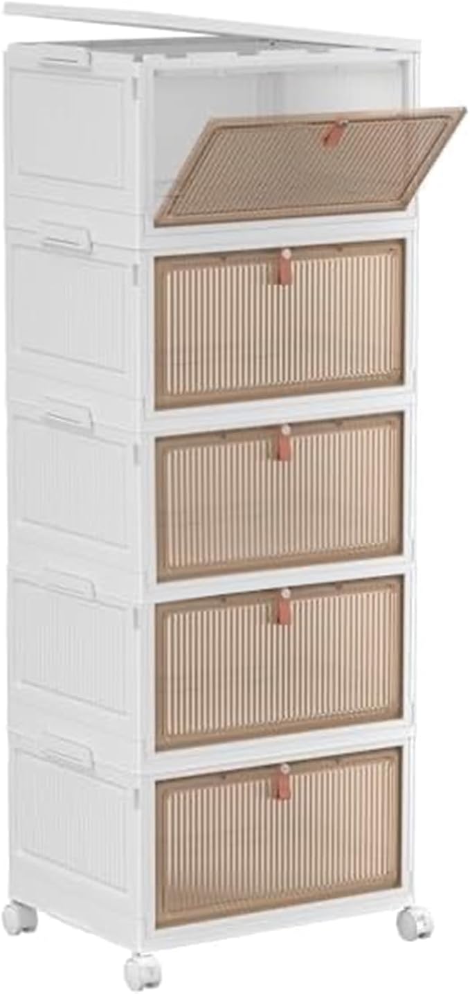 Foldable Storage Bins Boxes with Lid Wheels and Magnetic Door, Collapsible Stackable ABS Organizer for Kitchen Cloakroom Closet Living Room & Office(5 Tier)