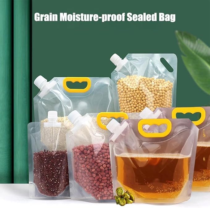 Sealed Bag, Reusable 10 pcs Transparent Grain Storage Suction Bags, Large Capacity Stand Up Sealed Packaging Bags for Multipurpose Food Storage, with Funnel (2.5L)