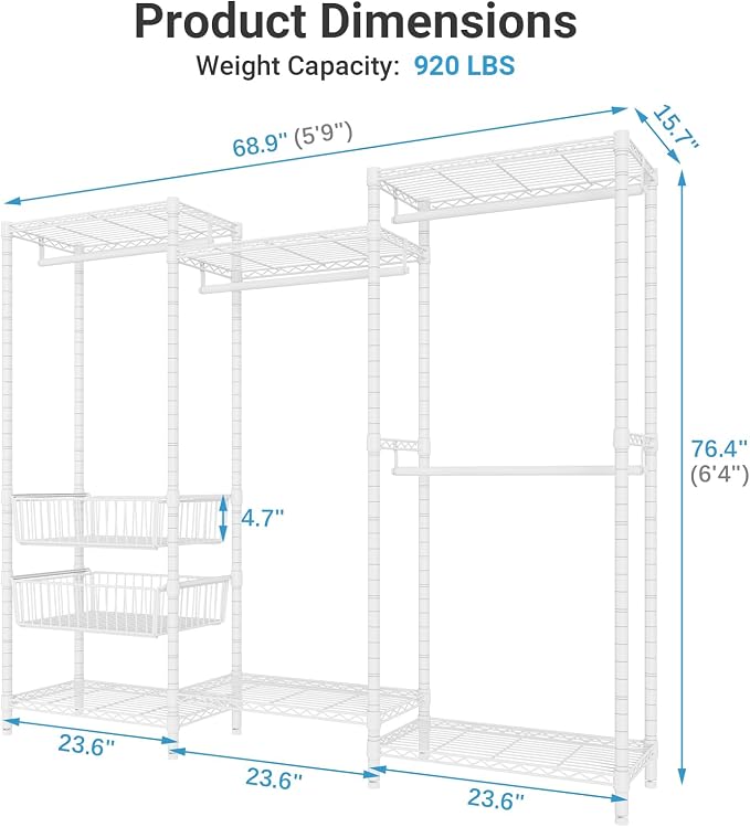 VIPEK V10 Wire Garment Rack 5-Tiers Heavy Duty Clothes Rack Large Size Clothing Rack with 4 Hanging Rods, 6 Wire Shelves and 2 Slid Baskets, 68.9" W x 15.7" D x 76.4" H, Max Load 920 LBS, White