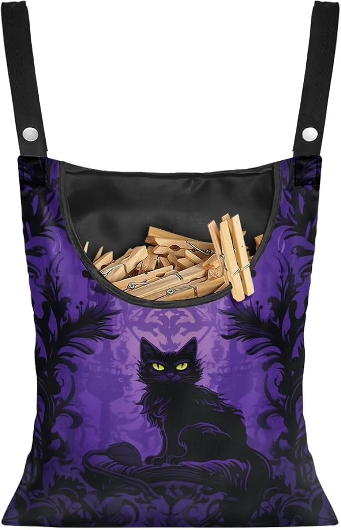 Black Cat Laundry Clothespin Bags Hollween Hanging Storage Organizer 12 x 14.5 Inch Clothes Pin Bag Waterproof Clothespin Bag Clothespins Holder Large Opening and Hanging Rope