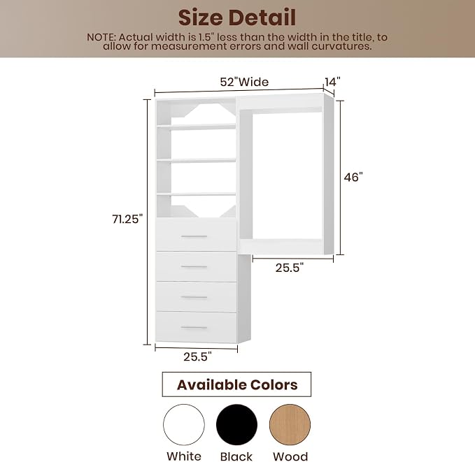 ROOMTEC Modular Closet System, 52" Wall-Mounted Closet Organizer with Drawers and Hanging Rods, Wooden Tower for Walk-In Closets, Wardrobe Storage Kit, White