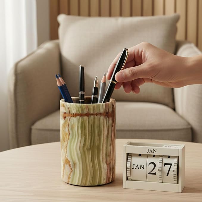 Radicaln Marble Pen Holder For Desk 4" Inches Green Onyx Handmade Marble Toothbrush Holder & Pen Holder For Home Decor, Ideal Pencil Holder For Desk Organizer