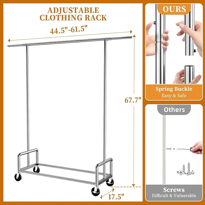 Simple Trending Heavy Duty Clothing Clothes Rack with Wheels for Hanging, Metal Rolling Garment Rack Organizer Load 500 LBS, Chrome | 500LBS Load, Metal Garment Rack, Industrial 360° Lockable Wheels, Bottom Shelf, Bedroom, Laundry Room