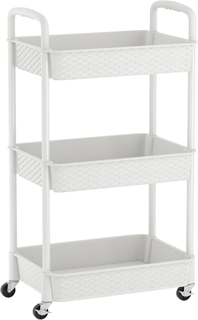 MOYIPIN 3-Tier Plastic Rolling Utility Cart with Handle,Utility Storage Cart for Office, Living Room, Kitchen,Movable Storage Organizer Shelves,White