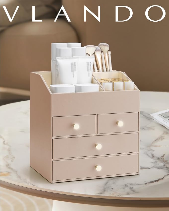 VLANDO Makeup Organizer,Vanity Organizer with Drawers, PU Leather Skincare Organizer Perfume Organizer,Large Cosmetic Display Case for Lipstick,Brushes Gifts for Women, Toffee, 4 Layer