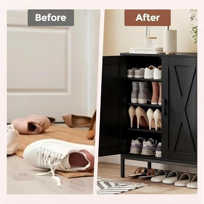 Homleke Farmhouse Shoe Cabinet with 2 Barn Doors & Metal Legs | Tall 4-Tier Shoe Storage Cabinet, 3 Adjustable Shelves, Shoe Rack Organizer, for Entryway, Hallway, Closet, Black