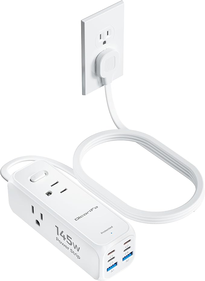 Olcorife 145W USB Power Strip, 5FT Flat Plug Extension Cord with 3 AC Outlets 6 USB Ports(4 USB C&2 USB A), 3 Sided Outlet Extender for Home Office Travel Dorm Room Essentials, White