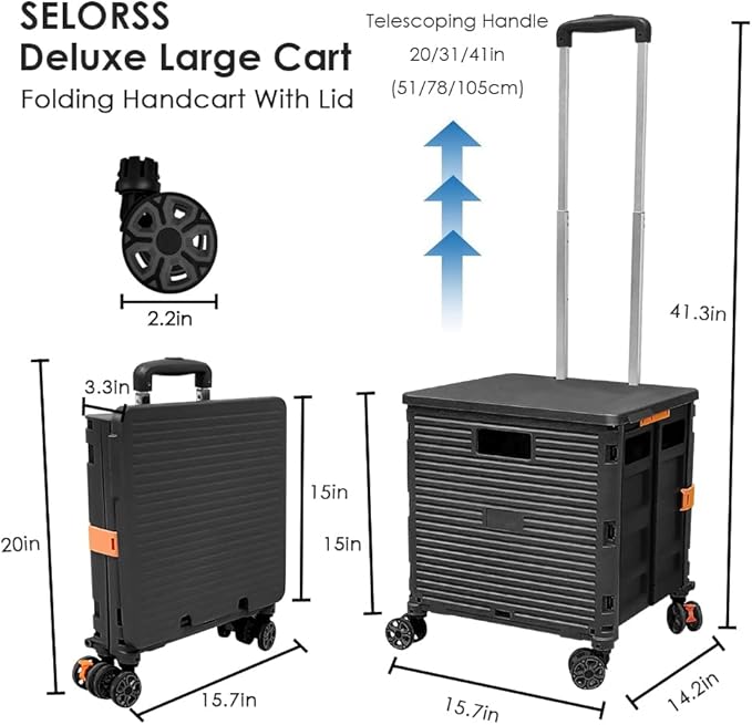 SELORSS Foldable Utility Cart Portable Collapsible Crate Rolling Carts with Wheels Rolling Tote Basket Teacher Cart with Lid Wear-Resistant 360°Rotate Wheel Noiseless for Shopping Storage Office Use