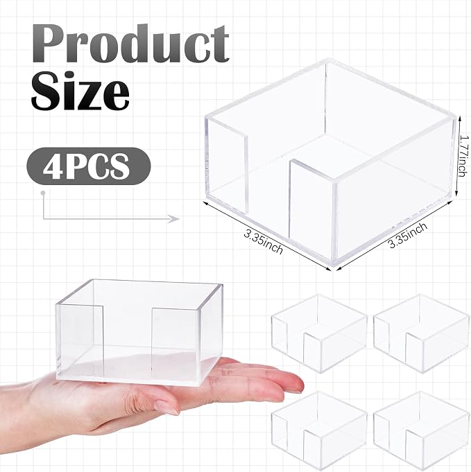 Threehoney 4 Pcs Acrylic Sticky Note Holder 3 x 3 Clear Crystal Acrylic Note Dispenser Notepad Memo Holder Office Desk Organizer Accessories Sticky for Dorm Room Office Desk