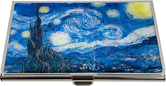 Mother of Pearl Business Card Case Credit Id Name Holder Travel Wallet Art Painting Design Metal Stainless Steel Engraved Slim Purse Pocket Cash Money Wallet (Starry Night)