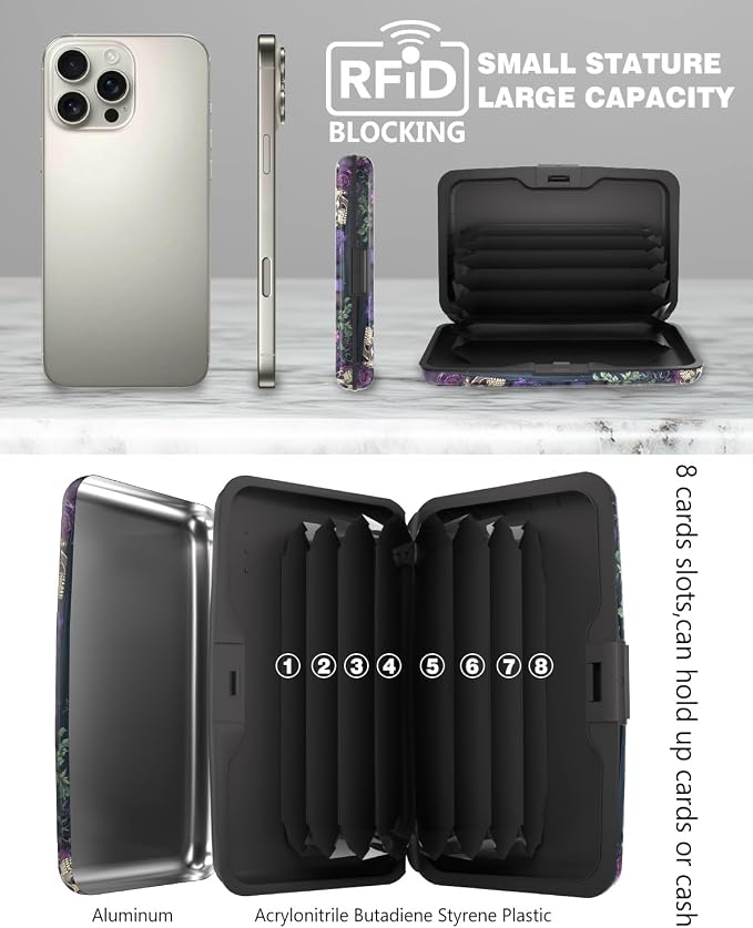 Maicican Credit Card Holder, Mini RFID Blocking Aluminum Wallet | Slim Metal Hard Case Travel Wallet ID Case for Women and Men, 4.3 x 2.9 Inches, Purple Flowers and Skulls