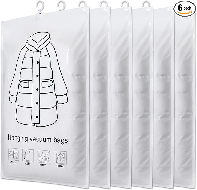 6 Pack Hanging Vacuum Storage Bags for Clothes,43 x 27 inch Reusable Vacuum | Garment Seal Bag,Space Saver Bags,Dustproof Extra Large XXL for Clothing Travel Suits, Coat,Jackets, Dresses, Jackets (Clear)