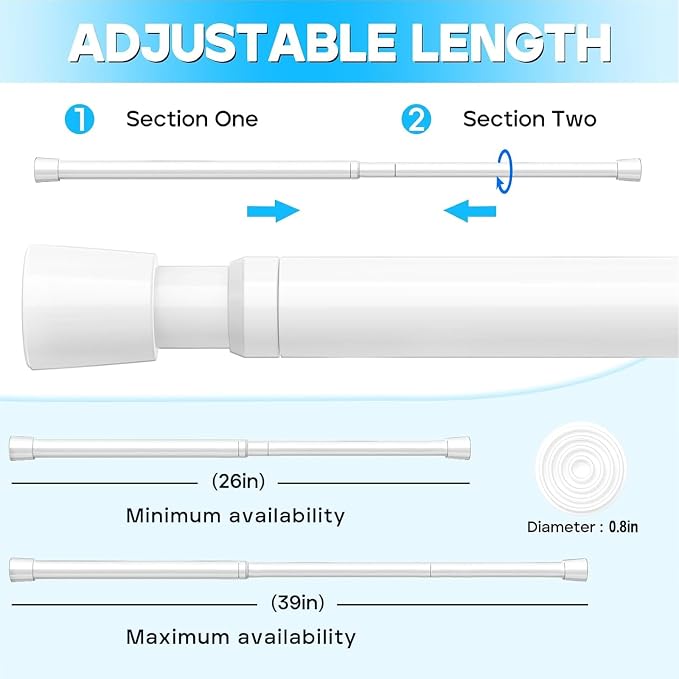 Spring Tension Curtain Rods 26-39 Inch White 2 Pack | No-drill & tool-free setup. Fits windows, kitchens, doorways. Rust-resistant, great for light curtains.