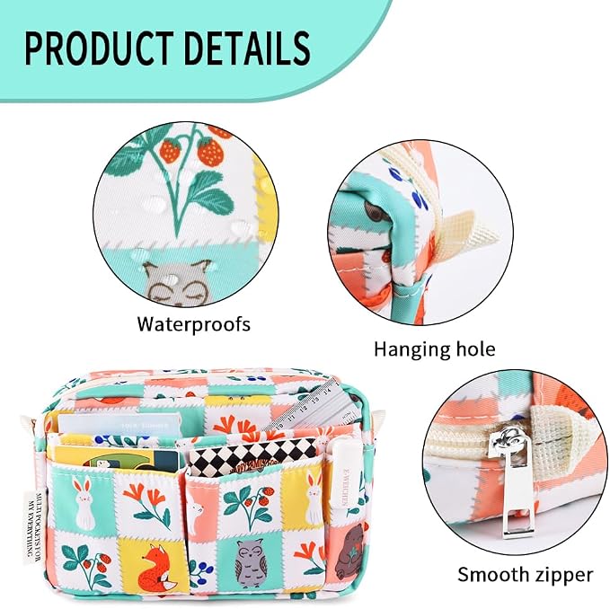 E-WEICHEN Multiple Pockets Portfolio Organizer with Zippered, Makeup Bag Travel Essentials for Women, Simple Waterproof Stationery Pencil Pouch Bag for Journal Office Art Supplies.Grid Cloth