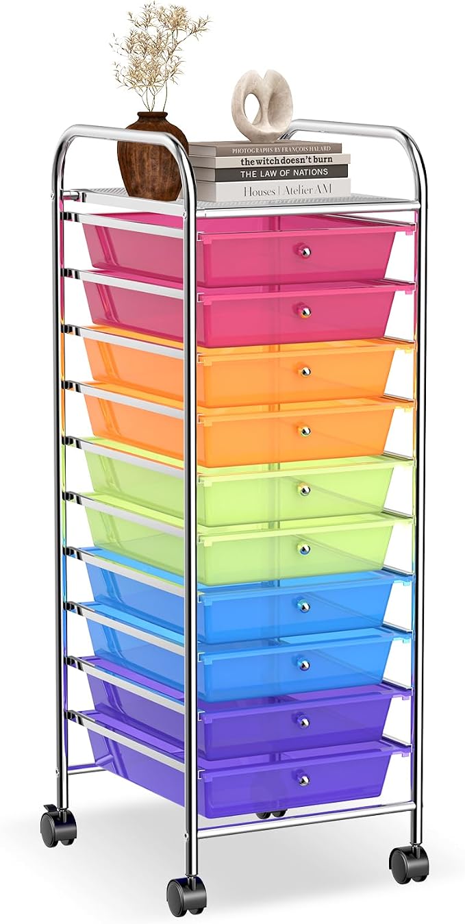 LDAILY 10-Drawer Rolling Storage Cart, Rolling Storage Cart, Storage Organizer on Wheels, Metal Frame, Scrapbook Paper Tools, Suitable for Office School, Classroom (Rainbow, 10 Drawer)