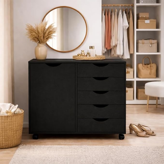 Naomi Home Wooden 5 Drawer Dresser with Cabinet Shelves and Wheels, Drawer Dresser for Bedroom Closet and Dressing Room Storage in Distressed Black