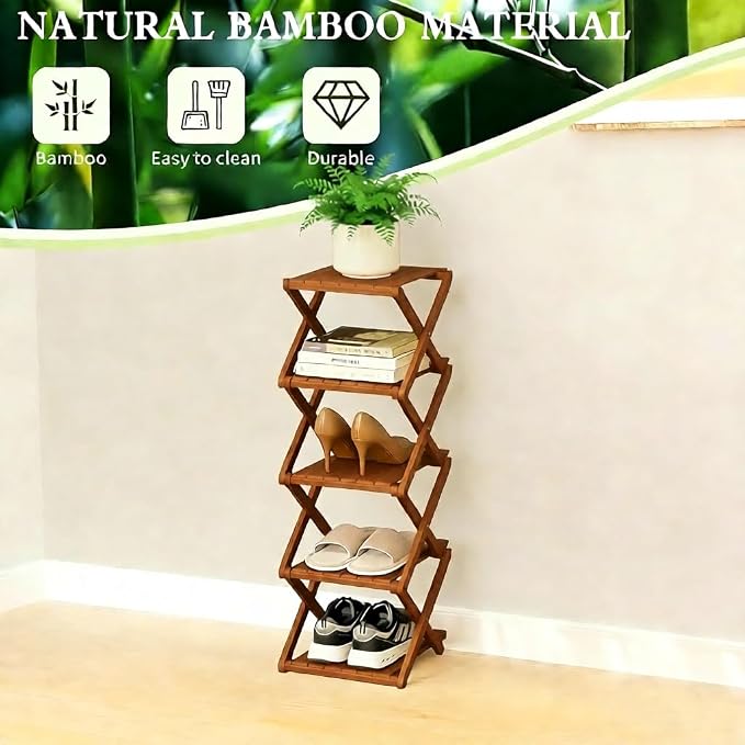 Bamboo Shoe Rack - No Assembly Required, Tall Narrow Foldable Shoe Organizer, Space-Saving Multifunctional Shelf for Entryways, Corners, Bedrooms, Balconies, 4 Layer Brown (Reinforced And Thickened )