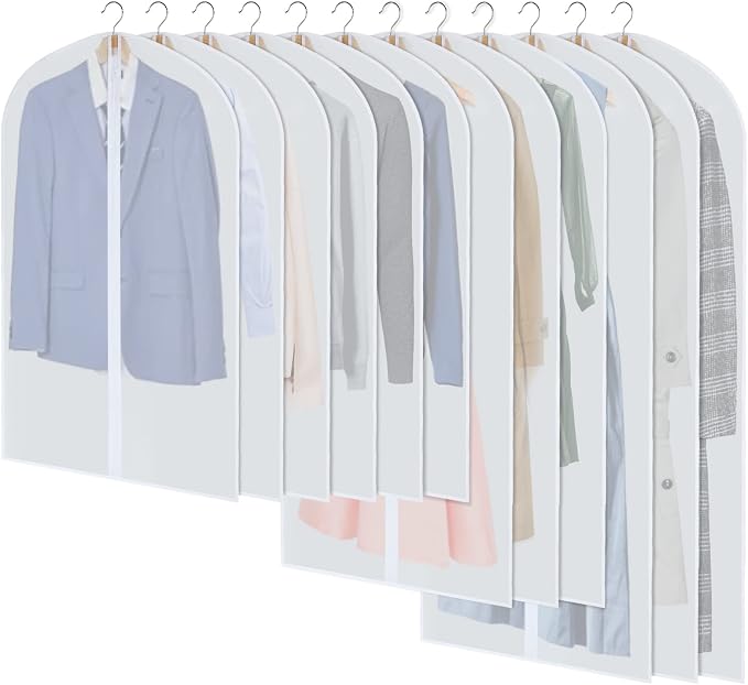 Clear Garment Bags for Hanging Clothes, Set of 12 Suit Bags Dust-Resistant Clothes Cover Bags PEVA Breathable Clothes Protectors with Full Zipper for Closet Storage, 24” x 40”/47”/55”
