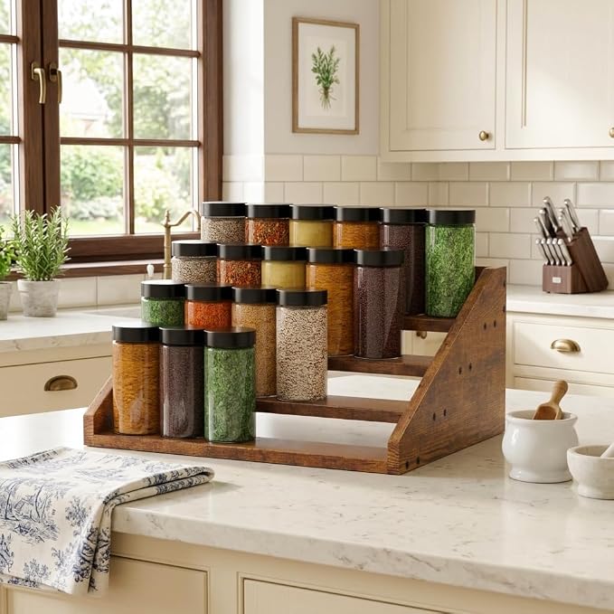 4 Tier Wood Spice Rack Organizer for Cabinet, Super Sturdy Display Riser Shelf Seasoning Organizer for Countertop Pantry Cupboard, Retro Storage Holder for Kitchen Condiment Jar Spice Container