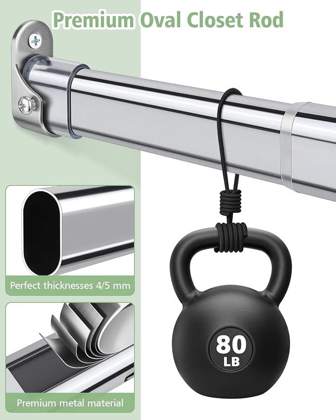Premium Oval Closet Rod for Hanging Clothes 51"-70"- Heavy Duty, Length Adjustable, No-cut