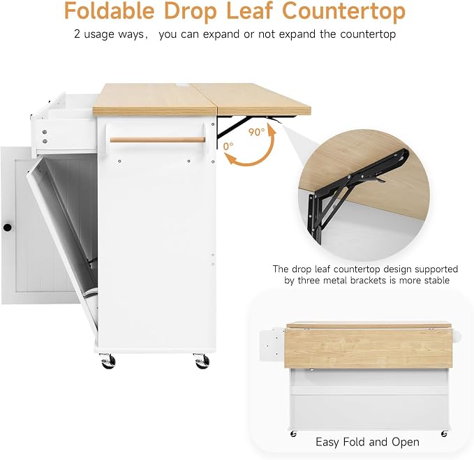 ONBRILL 60" Kitchen Island with Power Outlet & Drop Leaf, Rolling Island with Spice Rack & Towel Rack, Kitchen Island Cart with Trash Storage Cabinet, Island Table for Kitchen, White