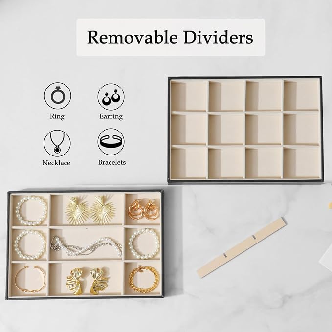 Large Jewelry Organizer Tray 2 Pack, Stackable Jewelry Storage Holder for Drawer Inserts, PU Leather Velvet Jewellery Display Case for Earring Bracelet Necklace Ring (Black Beige, 12 Grids)