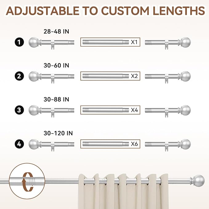Silver Curtain Rod for Windows 28 to 48 Inch, 5/8 Inch Diameter Adjustable Curtain Rods With Brackets, Heavy Duty Easy to Install Curtain Rods for Bedroom, Outdoor Curtain Rod for Patio