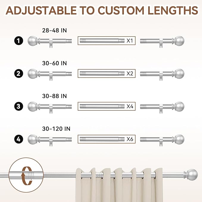 Silver Curtain Rod for Windows 48 to 84 or 88 Inch, 5/8 Inch Diameter Adjustable Curtain Rods With Brackets, Heavy Duty Easy to Install, Suitable for Bedroom and Outdoor