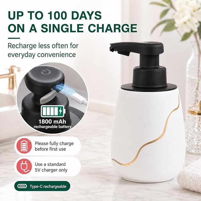 BosilunLife Automatic Foaming Soap Dispenser - Touchless Foam Hand Wash Dispenser for Bathroom Ceramic Smart Electric Auto Dish Soap Dispenser Waterproof, USB C Rechargeable, 17 oz/500 ml
