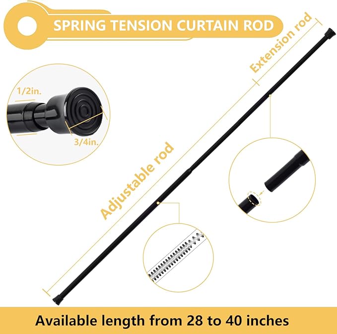 KXLife Tension Curtain Rod Adjustable 28-40 Inch, 4 Pack, Black | No Drilling, Expandable Spring Loaded, Renter Friendly, for Window, Doorway, Kitchen