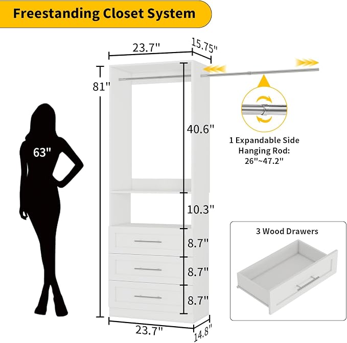 Closet System with 3 Drawers, 2-5FT Small Custom Closet Organizer System Shelving Wood with 2 Hanging Rods & Shelf, Walk-in Closet System Freestanding, Modular Closet Organizer System, White