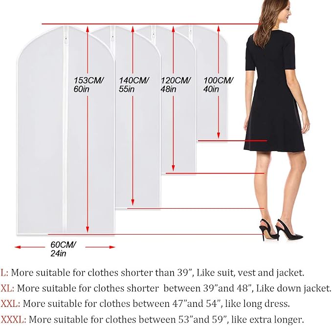Garment Bag Covers 24''X54'' Lightweight White PEVA Breathable Bags (Pack of 6) with Study Full Zipper for Closet Clothes Storag (24''X55'', White)