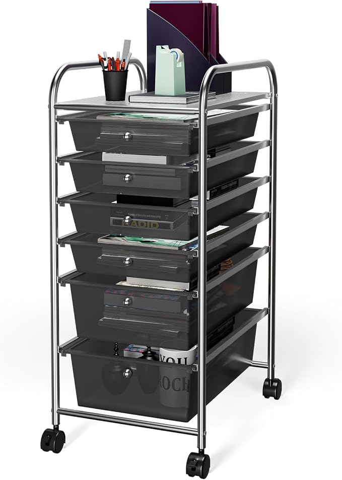 DREAMADE Rolling Cart with Storage Drawers, Utility Cart with Removable Plastic Drawers, Lockable Wheels, Art Cart for Classroom Organization Art Supplies Office Scrapbook (6 Drawers, Black)