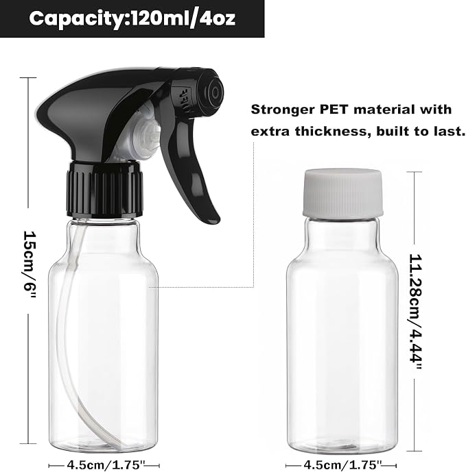 Spray Bottles 4oz/120ml Plastic Small, Clear, 2 Pack | Mist/Stream Spraying, Heavy Duty, For Hair, For Cleaning Solutions, For Plants