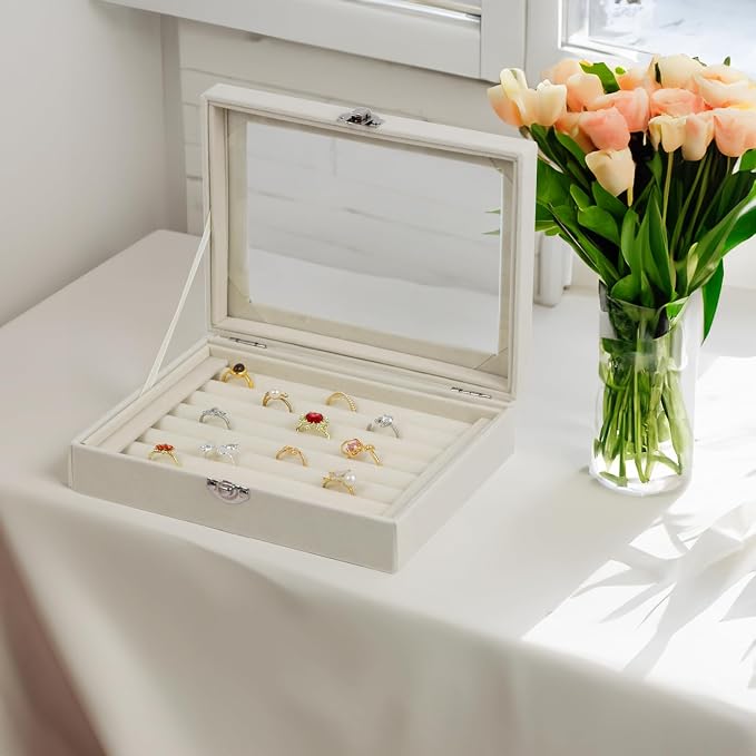 Fordonral Velvet Jewelry Organizer Box, Jewelry Drawer Organizers Trays, Earring Ring Necklace Holder Display Case (Beige, Ring Box)