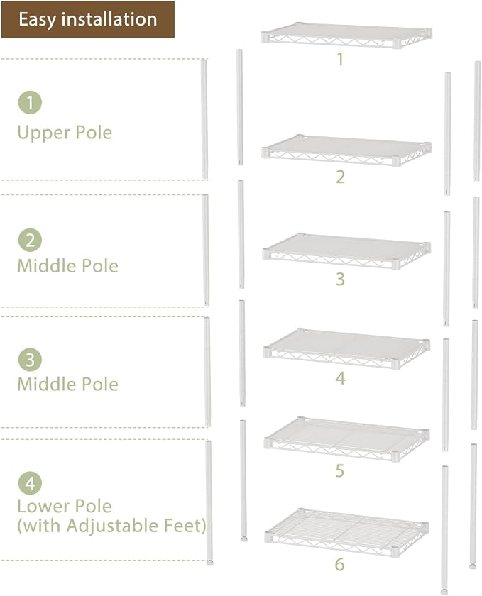 SINGAYE Metal Shelves Wire Shelving Storage Standing Adjustable Shelf Unit | 6 Tier Mesh Units Shelf for Kitchen Laundry Bathroom Closet Organizers Pantry Narrow Home Rack 10" D x 16" W x 63" H White