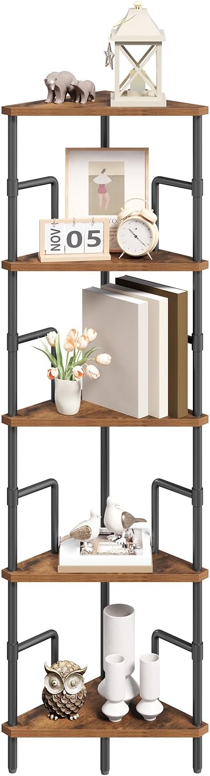 MAHANCRIS 5-Tier Corner Shelf, 52.8" Tall Corner Bookshelf with Metal Frame, Narrow Display Shelf Stand, Industrial Corner Bookcase for Living Room, Bedroom, Home Office, Rustic Brown CSHR5501