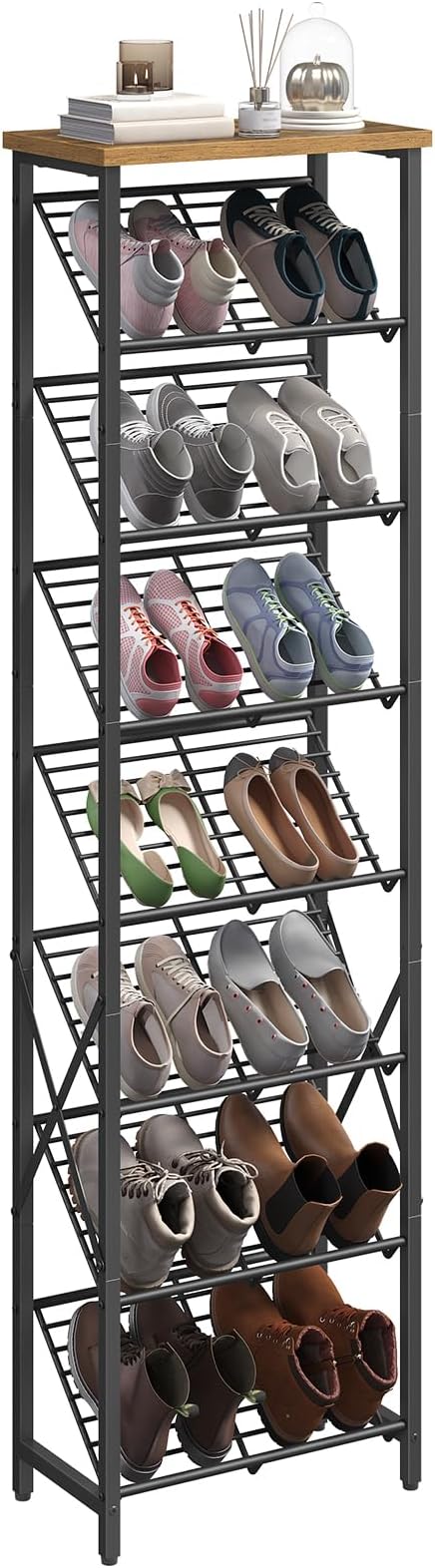YATINEY 8-Tier Tall Shoes Rack, Slim Shoe Organizer for Entryway, Large-Capacity Thin Shoe Rack for Closet, Narrow Shoe Storage Shelf Holds 8-16 Pairs, Space Saving, Black and Rustic Brown SS18BR