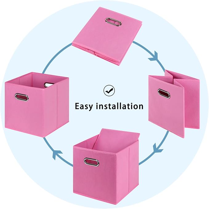 Black Fabric Cubby Storage Bins,13x13x13 Inches ,Cube Organizer Bin Foldable Storage Boxes with Dual Handles Fabric Organizer Box and collapsible Storage basket,Set of 6,Pink