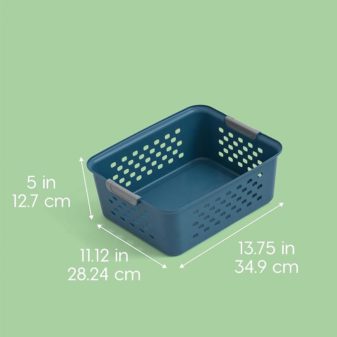 IRIS USA 6-Pack, Medium Plastic Storage Basket, Navy | Organize pantry items, office supplies, crafts, accessories, and household essentials with easy-carry storage for shelves